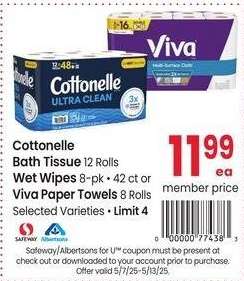 Cottonelle Bath Tissue 12 Rolls Wet Wipes 8-pk • 42 ct or Viva Paper Towels 8 Rolls - Selected Varieties