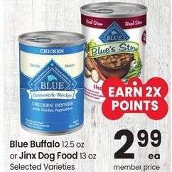 Blue Buffalo 12.5 oz or Jinx Dog Food 13 oz - Selected Varieties