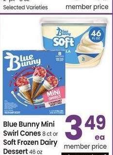 Blue Bunny Mini Swirl Cones 8 ct or Soft Frozen Dairy Dessert 46 oz - Selected Varieties
