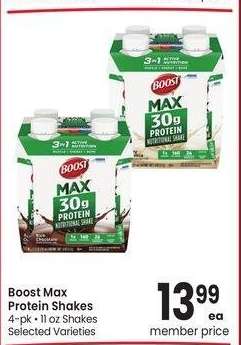 Boost MAX Protein Shakes - 4 - pk 11 oz Shakes 
Selected Varieties