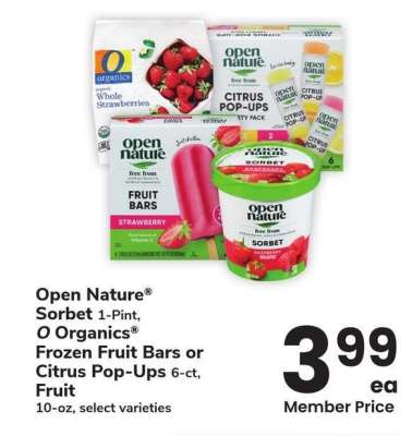 Open Nature® Sorbet 1-Pint, O Organics® Frozen Fruit Bars or Citrus Pop-Ups 6-ct, Fruit 10-oz - select varieties