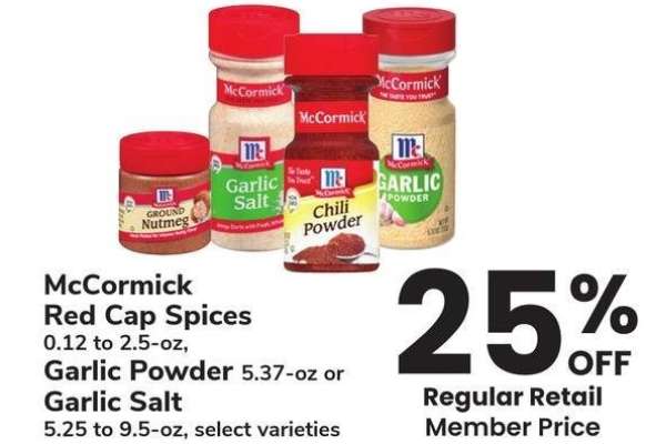 McCormick Red Cap Spices 0.12 to 2.5-oz, Garlic Powder 5.37-oz or Garlic Salt 5.25 to 9.5-oz - select varieties