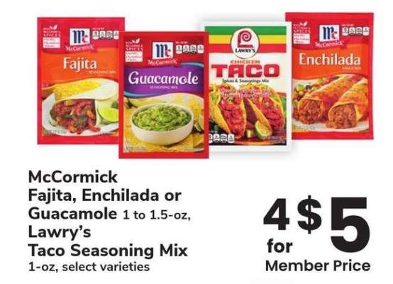 McCormick Fajita, Enchilada or Guacamole 1 to 1.5-oz, Lawry's Taco Seasoning Mix 1-oz - select varieties