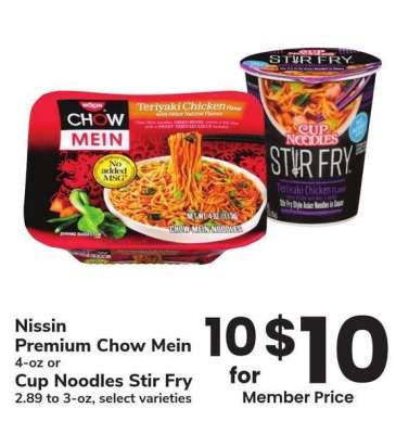 Nissin Premium Chow Mein 4-oz or Cup Noodles Stir Fry 2.89 to 3-oz - select varieties