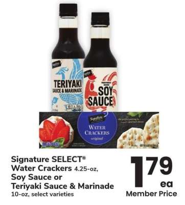 Signature SELECT® Water Crackers 4.25-oz, Soy Sauce or Teriyaki Sauce & Marinade 10-oz - select varieties