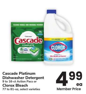 Cascade Platinum Dishwasher Detergent 9 to 16-ct Action Pacs or Clorox Bleach 77 to 81-oz - select varieties