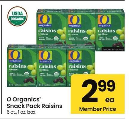 O Organics® Snack Pack Raisins - 6 ct., 1 oz. box.