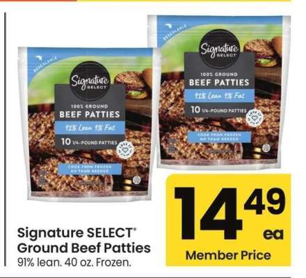 Signature SELECT® Ground Beef Patties - 91% lean. 40 oz. Frozen.