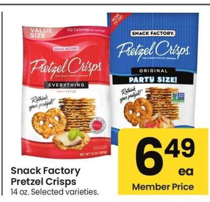 Snack Factory Pretzel Crisps - 14 oz. Selected varieties.