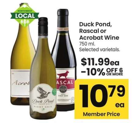 Duck Pond, Rascal or Acrobat Wine - 750 ml. Selected varietals.