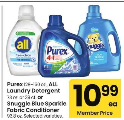 Purex 128-150 oz., ALL Laundry Detergent 73 oz. or 39 ct. or Snuggle Blue Sparkle Fabric Conditioner 93.8 oz. - Selected varieties.