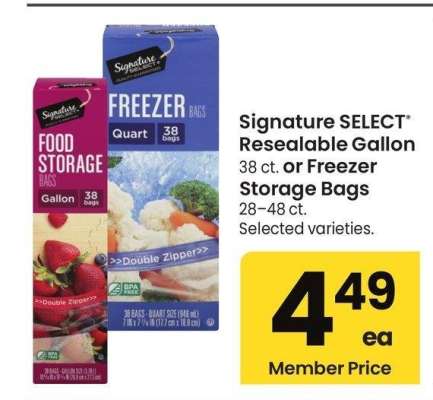 Signature SELECT® Resealable Gallon 38 ct. or Freezer Storage Bags 28-48 ct. - Selected varieties.