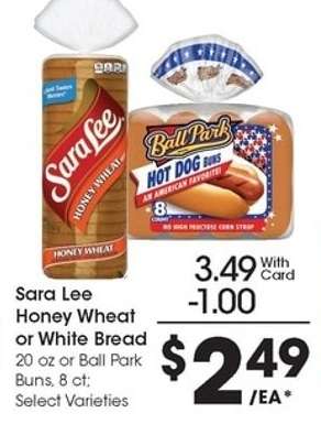 Sara Lee Honey Wheat or White Bread or Ball Park Buns