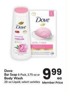 Dove Bar Soap 6-Pack 3.75-oz or Body Wash 20-oz Liquid - select varieties