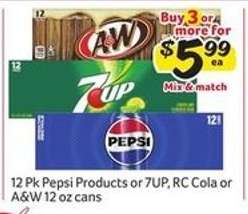 12 Pk Pepsi Products or 7UP, RC Cola or A&W 12 oz cans
