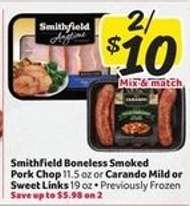 Smithfield Boneless Smoked Pork Chop or Carando Mild or Sweet Links