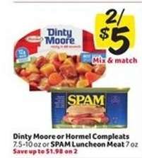 Dinty Moore or Hormel Compleats or SPAM Luncheon Meat