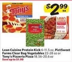 Lean Cuisine Protein Kick / PictSweet Farms Clear Bag Vegetables / Tony's Pizzeria Pizza