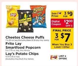 Cheetos Cheese Puffs, Frito Lay Smartfood Popcorn, Lay's Potato Chips