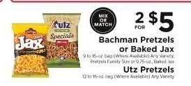 Bachman Pretzels or Baked Jax, Utz Pretzels