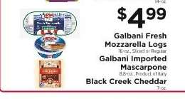 Galbani Fresh Mozzarella Logs, Galbani Imported Mascarpone, Black Creek Cheddar