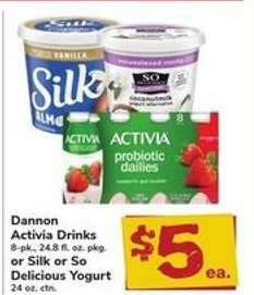 Dannon Activia Drinks or Silk or So Delicious Yogurt