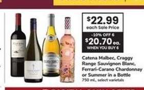 Catena Malbec, Craggy Range Sauvignon Blanc, Ferrari-Carano Chardonnay or Summer in a Bottle