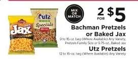 Bachman Pretzels or Baked Jax, Utz Pretzels
