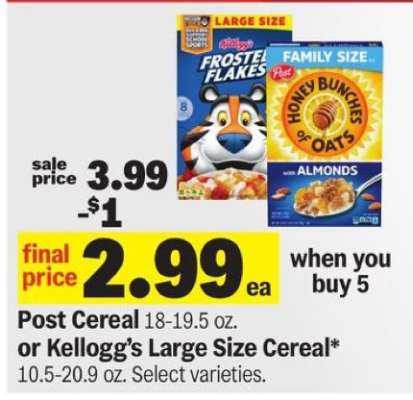 Post Cereal or Kellogg's Large Size Cereal