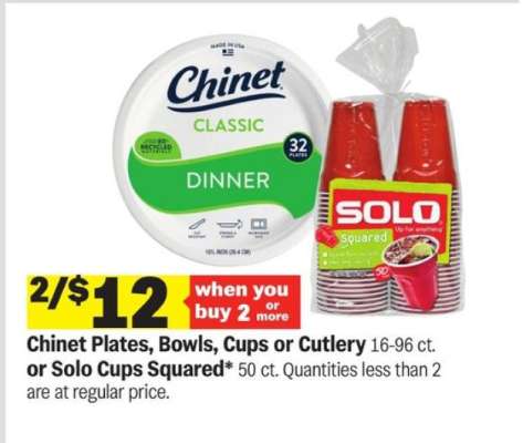 Chinet Plates, Bowls, Cups or Cutlery or Solo Cups Squared