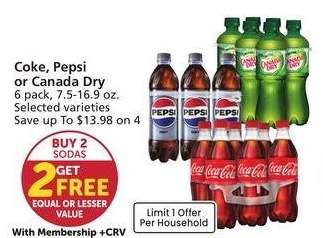 Coke, Pepsi or Canada Dry - 6 pack, 7.5-16.9 oz. Selected varieties
