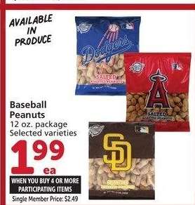 Baseball Peanuts - 12 oz. package
Selected varieties
Single Member Price: $2.49

Mix or match on four or more participating items in a single transaction. With Membership where applicable