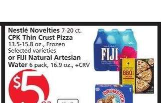 Nestlé Novelties 7-20 ct. CPK Thin Crust Pizza 13.5-15.8 oz., Frozen Selected varieties or FIJI Natural Artesian Water 6 pack, 16.9 oz.