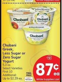 Chobani Greek, Less Sugar or Zero Sugar Yogurt - 5.3 oz. Select Varieties