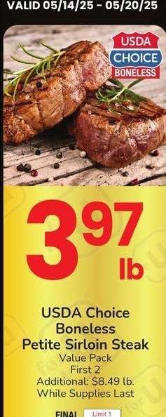 USDA Choice Boneless Petite Sirloin Steak - Value Pack