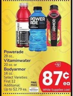 Powerade 28 oz., Vitaminwater 20 oz. or Bodyarmor 16 oz. - Select Varieties