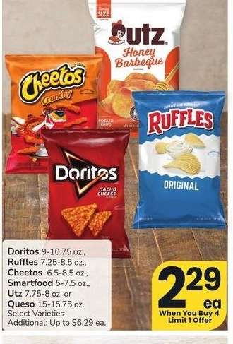 Doritos 9-10.75 oz., Ruffles 7.25-8.5 oz., Cheetos 6.5-8.5 oz., Smartfood 5-7.5 oz., Utz 7.75-8 oz. or Queso 15-15.75 oz. - Select Varieties