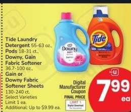 Tide Laundry Detergent 55-63 oz., Pods 18-31 ct., Downy, Gain Fabric Softener 36.7-100 oz., Gain or Downy Fabric Softener Sheets 130-240 ct. - Select Varieties