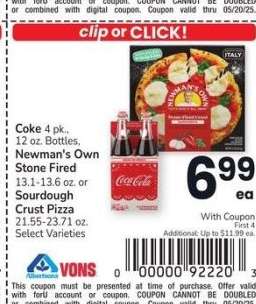 Coke 4 pk., 12 oz. Bottles, Newman's Own Stone Fired 13.1-13.6 oz. or Sourdough Crust Pizza 21.55-23.71 oz. - Select Varieties