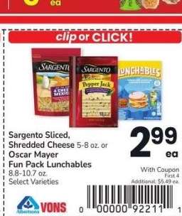 Sargento Sliced, Shredded Cheese 5-8 oz. or Oscar Mayer Fun Pack Lunchables 8.8-10.7 oz. - Select Varieties