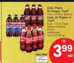 Coke, Pepsi, Dr Pepper, 7UP 6 pk., 16.9 oz. Bottles, Coke, Dr Pepper or 7UP 6 pk., 7.5 oz. Cans - Select Varieties
