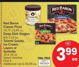 Red Baron Classic Pizza 15.77-23.45 oz., Deep Dish Singles 8.8-11.6 oz., Talenti Gelato, Ice Cream, Layers or Sorbetto 10.4-16 oz. - Select Varieties