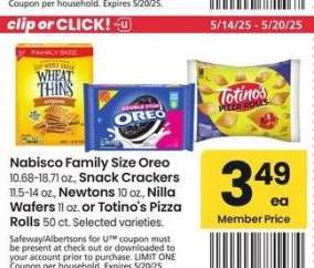 Nabisco Family Size Oreo 10.68-18.71 oz., Snack Crackers 11.5-14 oz., Newtons 10 oz., Nilla Wafers 11 oz. or Totino's Pizza Rolls 50 ct. - Selected varieties.