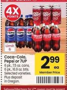 Coca-Cola, Pepsi or 7UP - 6 pk., 7.5 oz. cans, 6 pk., 16.9 oz. btls. Selected varieties.