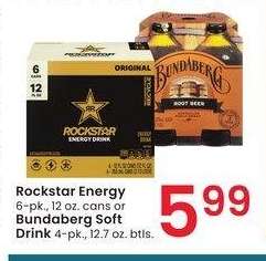 Rockstar Energy 6-pk., 12 oz. cans or Bundaberg Soft Drink 4-pk., 12.7 oz. btls.