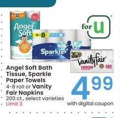 Angel Soft Bath Tissue, Sparkle Paper Towels 4-8 roll or Vanity Fair Napkins 200 ct. - select varieties