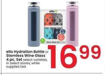 ello Hydration Bottle or Stemless Wine Glass 4 pc. Set - select varieties