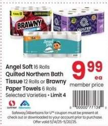 Angel Soft 16 Rolls Quilted Northern Bath Tissue 12 Rolls or Brawny Paper Towels 6 Rolls - Selected Varieties
