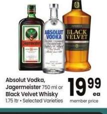 Absolut Vodka, Jagermeister 750 ml or Black Velvet Whisky 1.75 ltr - Selected Varieties

Mix or match