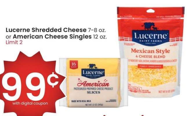 Lucerne Shredded Cheese 7-8 oz. or American Cheese Singles 12 oz.